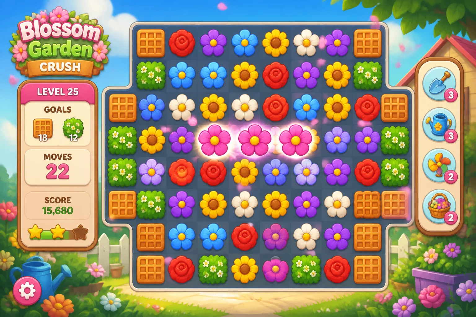 Blossom Garden Crush Match 3 Waffle